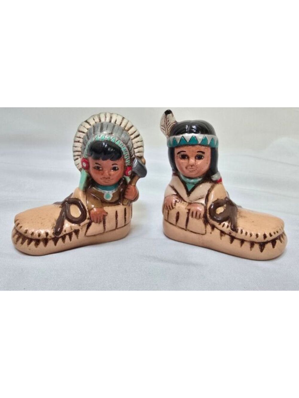 Vintage Native American Style Ceramic Figurines in Moccasins Pair SW Decor